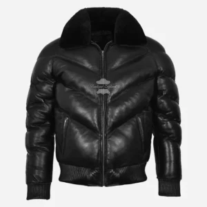 ACE Puffer Men's Leather Padded Fur Collar Bomber Jacket Black