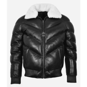 Ace Puffer Leather Jacket Men's Classic Padded Fur Collared Jacket