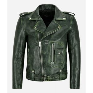 ASTER Men's Green Vintage Brando Style Leather Biker Jacket