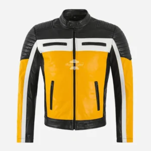 Cafe Racer Men's Biker Leather Jacket Black Yellow Retro Motocross Jacket