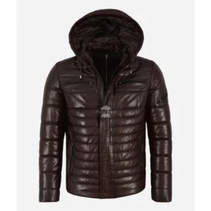 ICEBURG Puffer Hooded Leather Jacket For Men