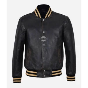 MENS VARSITY Leather Jacket Black Vintage College Jacket