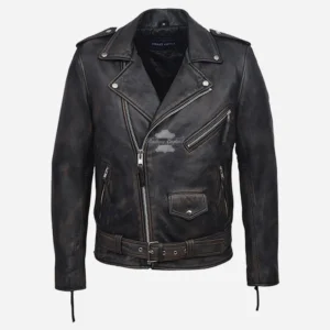 BRANDO Men's Leather Biker Jacket Fitted Vintage Effect Jacket