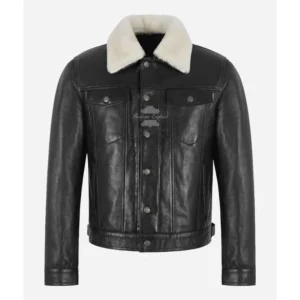 TRUCKER Shearling Fur Collar Leather Jacket Men's Trucker Leather Jacket