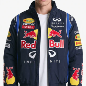 Red Bull Racing F1 Team Jacket - Navy Blue Motorsport Bomber with Embroidered Sponsers