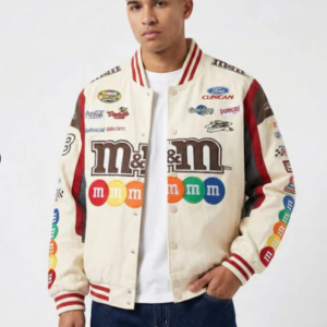M&M Racing Jacket – Cream NASCAR Style Embroidered Candy Bomber