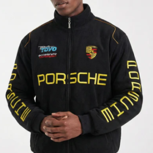 Porsche Racing Team Jacket – Black Motorsport Zip-Up with Yellow Embroidered Logos